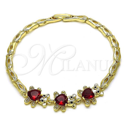 Oro Laminado Fancy Bracelet, Gold Filled Style Teddy Bear Design, with Garnet Cubic Zirconia and White Micro Pave, Polished, Golden Finish, 03.284.0034.2.08