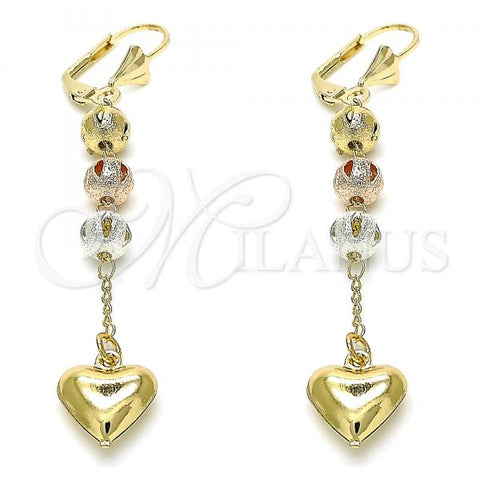 Oro Laminado Long Earring, Gold Filled Style Heart Design, Polished, Tricolor, 02.351.0062