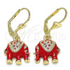 Oro Laminado Dangle Earring, Gold Filled Style Elephant Design, with White Crystal, Red Enamel Finish, Golden Finish, 02.351.0058.1