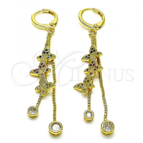 Oro Laminado Long Earring, Gold Filled Style Butterfly and Box Design, with Multicolor Micro Pave and White Cubic Zirconia, Polished, Golden Finish, 02.316.0090.1