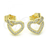 Oro Laminado Stud Earring, Gold Filled Style Heart Design, with White Micro Pave, Polished, Golden Finish, 02.156.0388