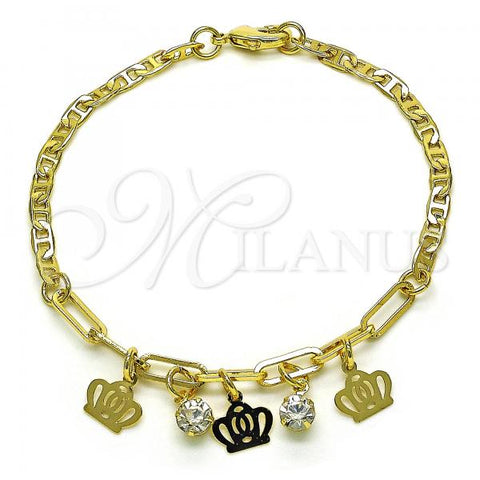 Oro Laminado Charm Bracelet, Gold Filled Style Crown and Paperclip Design, with White Crystal, Polished, Golden Finish, 03.63.2256.08