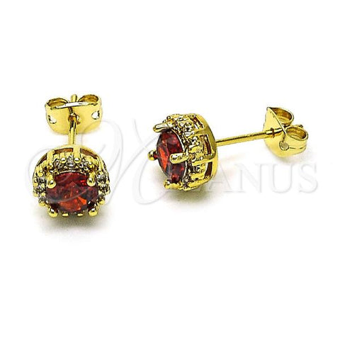 Oro Laminado Stud Earring, Gold Filled Style Cluster Design, with Garnet Cubic Zirconia and White Micro Pave, Polished, Golden Finish, 02.342.0106.4