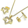 Oro Laminado Earring and Pendant Adult Set, Gold Filled Style Heart Design, with White Micro Pave, Polished, Golden Finish, 10.156.0280