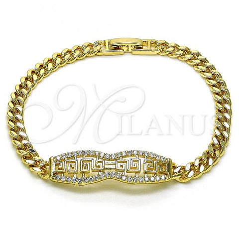 Oro Laminado Fancy Bracelet, Gold Filled Style Greek Key and Miami Cuban Design, with White Micro Pave, Polished, Golden Finish, 03.283.0274.07