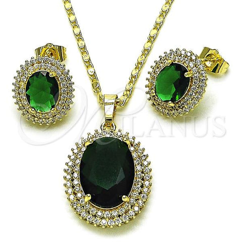 Oro Laminado Earring and Pendant Adult Set, Gold Filled Style Cluster Design, with Green and White Cubic Zirconia, Polished, Golden Finish, 10.196.0189.1