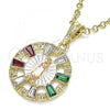 Oro Laminado Religious Pendant, Gold Filled Style Guadalupe and Greek Key Design, with Multicolor Crystal, Polished, Golden Finish, 05.380.0057