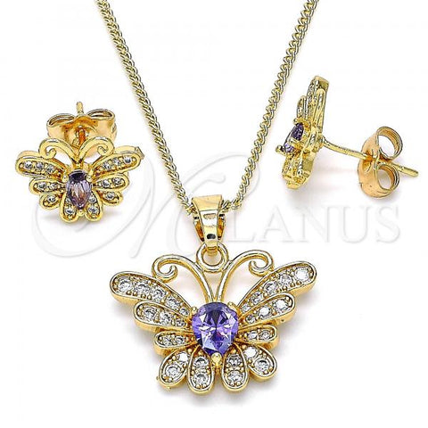 Oro Laminado Earring and Pendant Adult Set, Gold Filled Style Butterfly Design, with Amethyst Cubic Zirconia and White Micro Pave, Polished, Golden Finish, 10.210.0128.3