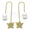 Oro Laminado Threader Earring, Gold Filled Style Butterfly and Rolo Design, with White Cubic Zirconia and Ivory Pearl, Polished, Golden Finish, 02.196.0125