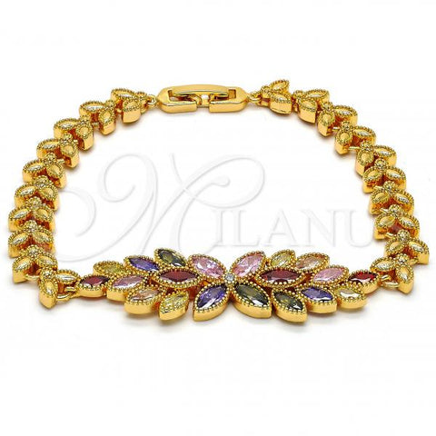 Oro Laminado Fancy Bracelet, Gold Filled Style Flower and Leaf Design, with Multicolor Cubic Zirconia, Polished, Golden Finish, 03.206.0017.3.07