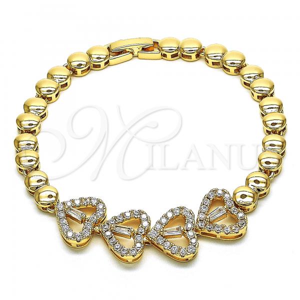 Oro Laminado Fancy Bracelet, Gold Filled Style Heart Design, with White Cubic Zirconia and White Micro Pave, Polished, Golden Finish, 03.283.0203.07