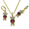 Oro Laminado Earring and Pendant Adult Set, Gold Filled Style Teddy Bear and Heart Design, with Ruby Cubic Zirconia and White Micro Pave, Polished, Golden Finish, 10.196.0027.1