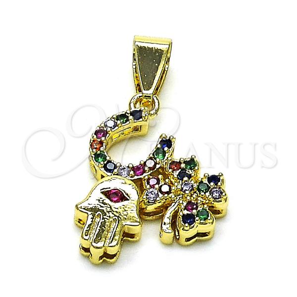 Oro Laminado Fancy Pendant, Gold Filled Style Hand of God and Four-leaf Clover Design, with White and Multicolor Micro Pave, Polished, Golden Finish, 05.411.0012.1