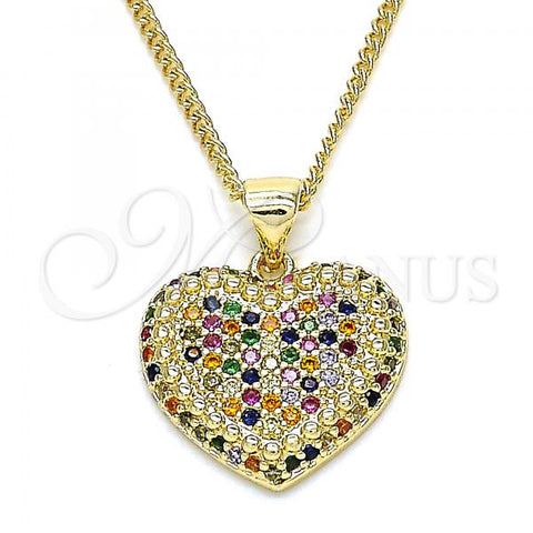 Oro Laminado Pendant Necklace, Gold Filled Style Heart Design, with Multicolor Micro Pave, Polished, Golden Finish, 04.156.0308.3.20