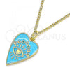 Oro Laminado Pendant Necklace, Gold Filled Style Evil Eye and Heart Design, Blue Enamel Finish, Golden Finish, 04.374.0004.1.20
