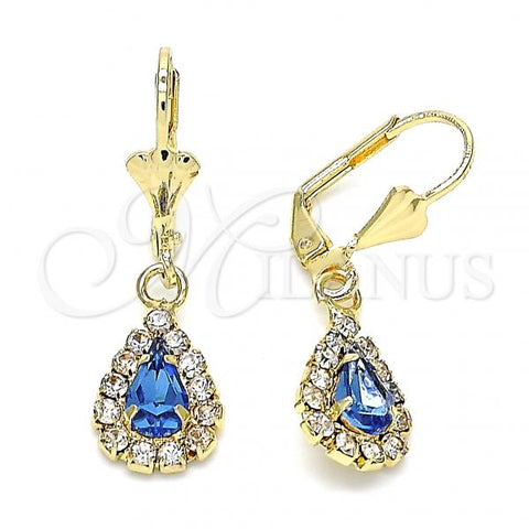 Oro Laminado Dangle Earring, Gold Filled Style Teardrop Design, with Sapphire Blue and White Crystal, Polished, Golden Finish, 02.122.0116.3