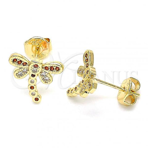 Oro Laminado Stud Earring, Gold Filled Style Dragon-Fly Design, with Garnet and White Micro Pave, Polished, Golden Finish, 02.156.0396.5