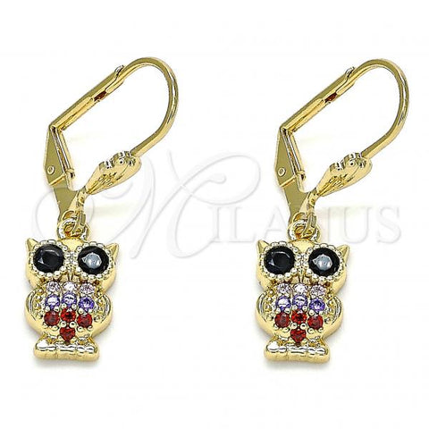 Oro Laminado Threader Earring, Gold Filled Style Owl Design, with Multicolor Micro Pave, Polished, Golden Finish, 02.210.0348.1