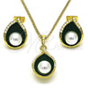 Oro Laminado Earring and Pendant Adult Set, Gold Filled Style Teardrop Design, with Ivory Pearl, Green Enamel Finish, Golden Finish, 10.379.0055.1