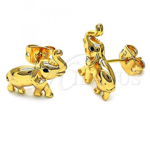 Oro Laminado Stud Earring, Gold Filled Style Elephant Design, with Black Micro Pave, Polished, Golden Finish, 02.213.0370