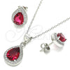 Sterling Silver Earring and Pendant Adult Set, Teardrop Design, with Ruby Cubic Zirconia and White Micro Pave, Polished, Rhodium Finish, 10.175.0072.3