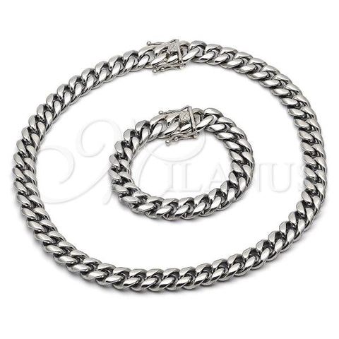 Stainless Steel Necklace and Bracelet, Miami Cuban Design, Polished, Steel Finish, 06.116.0041