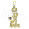 Oro Laminado Religious Pendant, Gold Filled Style San Lazaro Design, with Amethyst Cubic Zirconia, Polished, Golden Finish, 05.253.0126