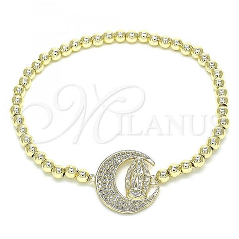 Oro Laminado Fancy Bracelet, Gold Filled Style Expandable Bead and Guadalupe Design, with White Micro Pave, Polished, Golden Finish, 03.299.0042.07