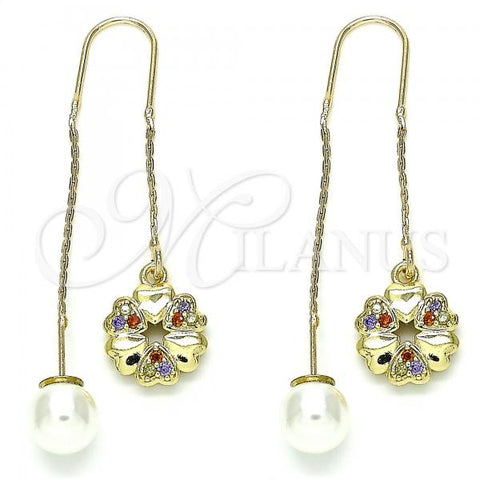 Oro Laminado Threader Earring, Gold Filled Style Flower and Heart Design, with Multicolor Micro Pave, Polished, Golden Finish, 02.210.0342.1