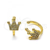 Oro Laminado Earcuff Earring, Gold Filled Style Crown Design, with White Micro Pave, Polished, Golden Finish, 02.210.0686