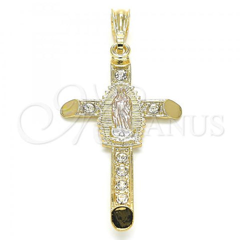 Oro Laminado Religious Pendant, Gold Filled Style Cross and Guadalupe Design, with White Crystal, Polished, Tricolor, 05.351.0059