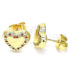 Oro Laminado Stud Earring, Gold Filled Style Heart Design, with Garnet and White Micro Pave, Polished, Golden Finish, 02.156.0525.1