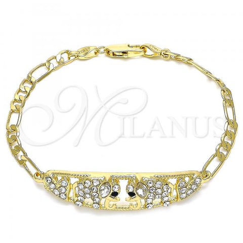 Oro Laminado Fancy Bracelet, Gold Filled Style Elephant and Heart Design, with White and Black Crystal, Polished, Golden Finish, 03.380.0053.08