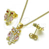 Oro Laminado Earring and Pendant Adult Set, Gold Filled Style Owl Design, with Pink and Garnet Cubic Zirconia, Polished, Golden Finish, 10.210.0123.4