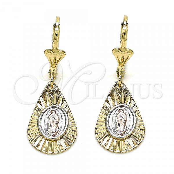 Oro Laminado Dangle Earring, Gold Filled Style Teardrop and Guadalupe Design, Polished, Tricolor, 02.351.0033
