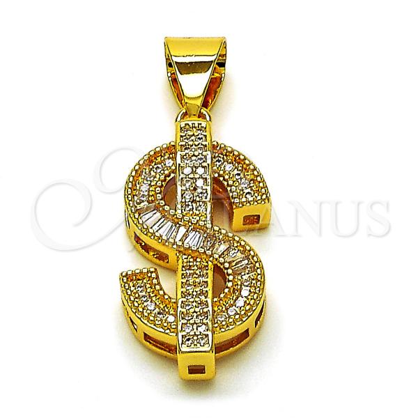 Oro Laminado Fancy Pendant, Gold Filled Style Money Sign and Baguette Design, with White Cubic Zirconia and White Micro Pave, Polished, Golden Finish, 05.342.0194