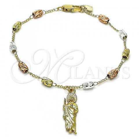 Oro Laminado Charm Bracelet, Gold Filled Style San Judas Design, Diamond Cutting Finish, Tricolor, 03.351.0156.08