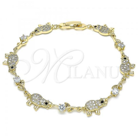 Oro Laminado Fancy Bracelet, Gold Filled Style Elephant Design, with White Micro Pave and White Cubic Zirconia, Polished, Golden Finish, 03.210.0139.08