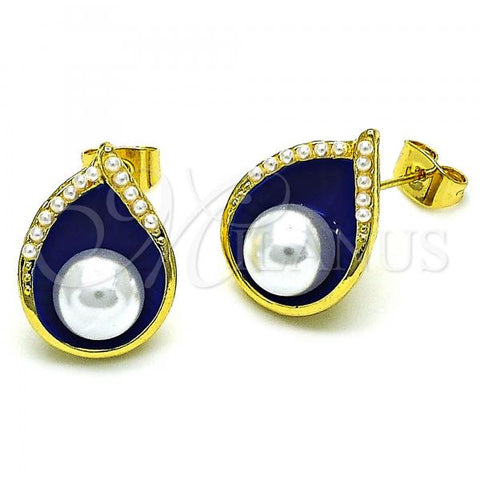 Oro Laminado Stud Earring, Gold Filled Style Teardrop Design, with Ivory Pearl, Blue Enamel Finish, Golden Finish, 02.379.0027.2