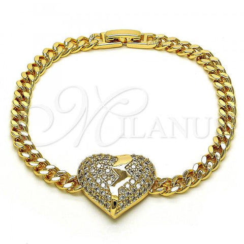 Oro Laminado Fancy Bracelet, Gold Filled Style Heart Design, with White Micro Pave, Polished, Golden Finish, 03.283.0222.08