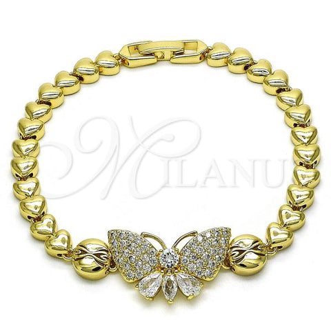 Oro Laminado Fancy Bracelet, Gold Filled Style Butterfly and Heart Design, with White Micro Pave and White Cubic Zirconia, Polished, Golden Finish, 03.283.0338.07