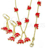 Oro Laminado Earring and Pendant Children Set, Gold Filled Style Elephant Design, with White Crystal, Red Enamel Finish, Golden Finish, 06.60.0006.3