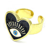 Oro Laminado Elegant Ring, Gold Filled Style Evil Eye and Heart Design, Black Enamel Finish, Golden Finish, 01.313.0002 (One size fits all)
