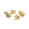 Oro Laminado Stud Earring, Gold Filled Style Evil Eye Design, with White Cubic Zirconia, Red Enamel Finish, Golden Finish, 02.213.0267