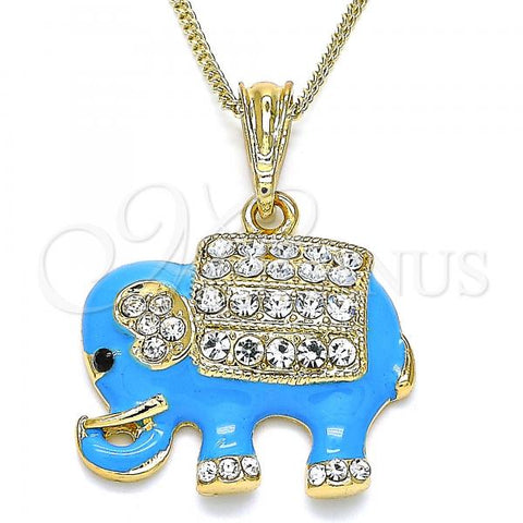 Oro Laminado Pendant Necklace, Gold Filled Style Elephant Design, with White and Black Crystal, Blue Enamel Finish, Golden Finish, 04.380.0026.3.20
