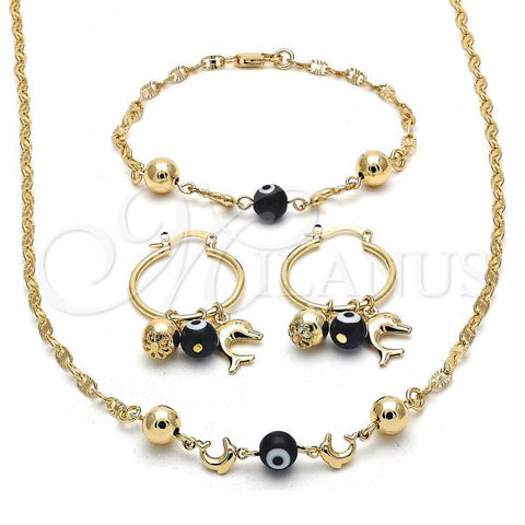 Oro Laminado Necklace, Bracelet and Earring, Gold Filled Style Dolphin and Evil Eye Design, Black Resin Finish, Golden Finish, 06.63.0226