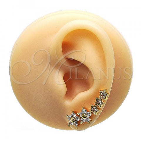 Oro Laminado Earcuff Earring, Gold Filled Style Flower and Star Design, with White Micro Pave and White Cubic Zirconia, Polished, Golden Finish, 02.210.0698