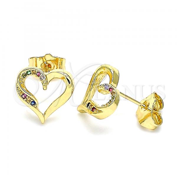 Oro Laminado Stud Earring, Gold Filled Style Heart Design, with Multicolor Micro Pave, Polished, Golden Finish, 02.156.0486.3