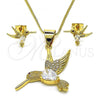 Oro Laminado Earring and Pendant Adult Set, Gold Filled Style Eagle Design, with White Cubic Zirconia and White Micro Pave, Diamond Cutting Finish, Golden Finish, 10.342.0116