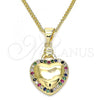 Oro Laminado Pendant Necklace, Gold Filled Style Heart Design, with Multicolor Micro Pave, Polished, Golden Finish, 04.156.0320.3.20